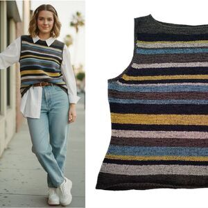 VTG 90s Finity Preppy Jewel Tones Striped Knit Sweater Vest Large Petite